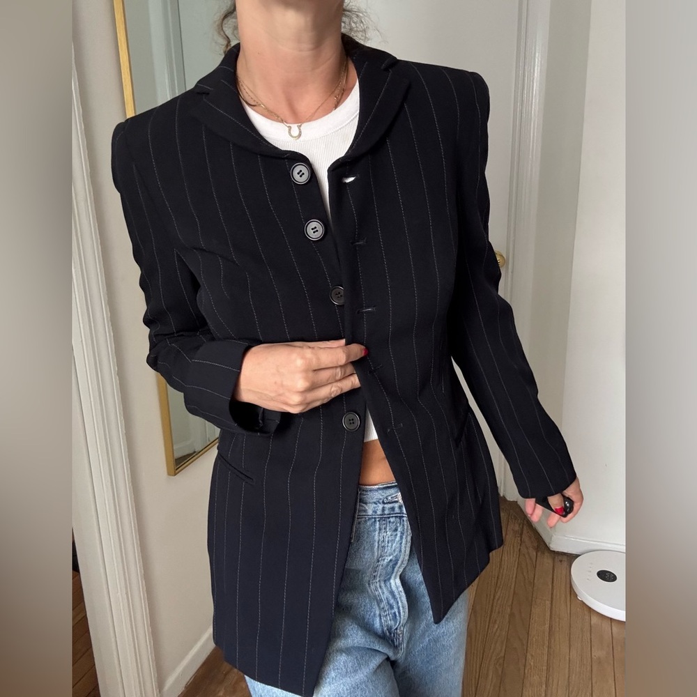 Vintage Giorgio Armani peplum navy pinstripe blazer
